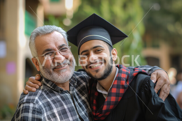 مشاعر الحب والأبوة، الاحتفال بإنهاء الدراسة الجامعية، صورة مقربة لشاب عربي سعودي خليجي يعانق والده يرتدي العباءه وقبعة التخرج ينظر إلى الكاميرا بإيماءات الفرح والسرور, مفهوم الاجتهاد والتفوق