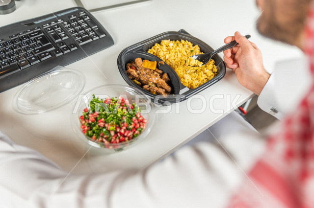 A complete healthy meal consisting of fresh vegetable salad and a plate of meat with a little healthy rice, a diet for a lean body and an ideal weight, cold appetizers and hot meals.