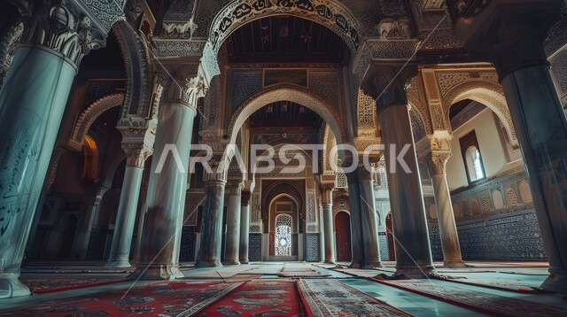 الزخارف والتصميمات الفاخرة لقاعات الصلاة الواسعة في المساجد، أداء الصلوات والفرائض، الفن الهندسي المعماري على الطراز الاسلامي العربي, أماكن العبادة والتقرب الى الله، تصميمات وديكورات داخلية دينية