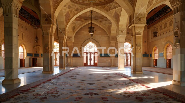 الزخارف والتصميمات الفاخرة لقاعات الصلاة الواسعة في المساجد، أداء الصلوات والفرائض، الفن الهندسي المعماري على الطراز الاسلامي العربي, أماكن العبادة والتقرب الى الله، تصميمات وديكورات داخلية دينية