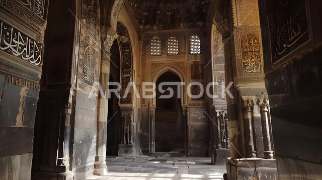 Architectural engineering art in the Arab Islamic style, places of worship and closeness to God, religious interior designs and decorations, luxurious decorations and designs for the spacious prayer halls in mosques, performing prayers and obligatory duties.