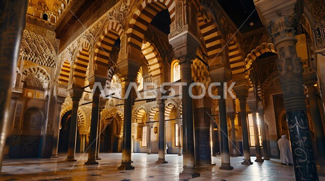 الفن الهندسي المعماري على الطراز الاسلامي العربي, أماكن العبادة والتقرب الى الله، تصميمات وديكورات داخلية دينية، الزخارف والتصميمات الفاخرة لقاعات الصلاة الواسعة في المساجد، أداء الصلوات والفرائض