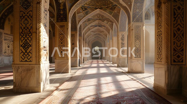 الزخارف والتصميمات الفاخرة لقاعات الصلاة الواسعة في المساجد، أداء الصلوات والفرائض، الفن الهندسي المعماري على الطراز الاسلامي العربي, أماكن العبادة والتقرب الى الله، تصميمات وديكورات داخلية دينية