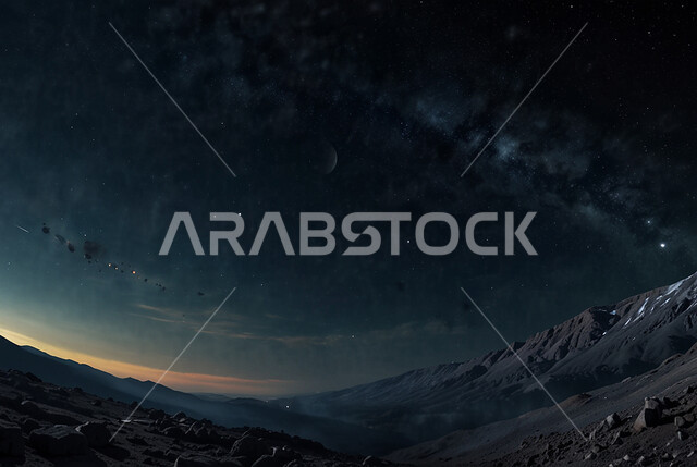 منظر السماء المضاءة بالنجوم اللامعة والأجرام الكونية، مشهد لمجرة درب التبانة والظواهر الطبيعية في الليل، اماكن الطبيعة في المملكة العربية السعودية