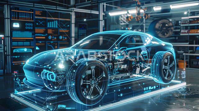 التصاميم الهندسية والمخططات لمشاريع المستقبل, التطور و التقدم التقني والتكنولوجي, رؤية مستقبلية سعودية 2030, رسوم بيانية هولوجرامية ثلاثية الابعاد للنموذج الأولي لهيكل السيارة, مفهوم صناعة السيارات