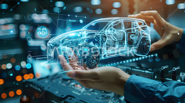 مفهوم صناعة السيارات، المخططات والتصاميم الهندسية لمشاريع المستقبل, التقدم والتطور التقني والتكنولوجي, صورة مقربة لأيدي رجل يتفاعل ويندمج مع رسوم بيانية هولوجرامية ثلاثية الابعاد للنموذج الأولي لهيكل السيارة, رؤية مستقبلية سعودية 2030