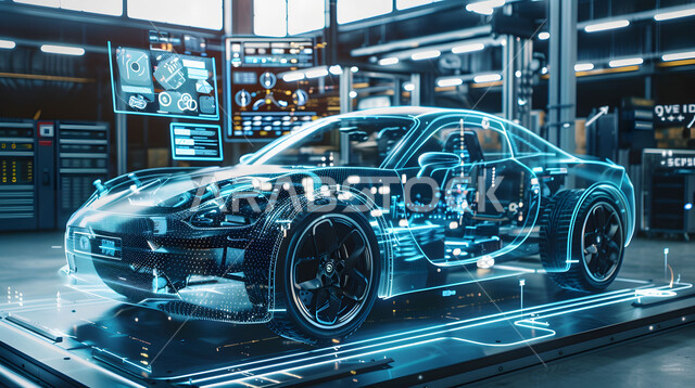 Engineering designs and blueprints for future projects, technical and technological development and progress, Saudi future vision 2030, three-dimensional holographic diagrams of the prototype of the car body, the concept of the automobile industry