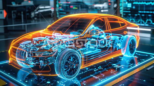 التصاميم الهندسية والمخططات لمشاريع المستقبل, التطور و التقدم التقني والتكنولوجي, رؤية مستقبلية سعودية 2030, رسوم بيانية هولوجرامية ثلاثية الابعاد للنموذج الأولي لهيكل السيارة, مفهوم صناعة السيارات