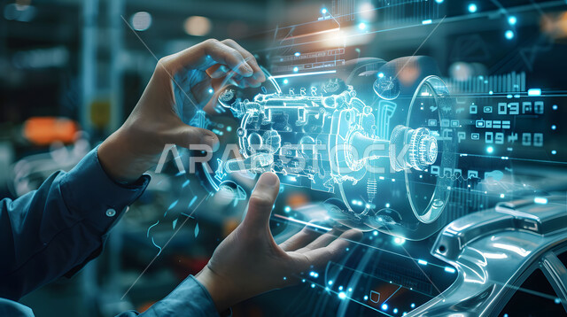 مفهوم صناعة السيارات، المخططات والتصاميم الهندسية لمشاريع المستقبل, التقدم والتطور التقني والتكنولوجي, صورة مقربة لأيدي رجل يتفاعل ويندمج مع رسوم بيانية هولوجرامية ثلاثية الابعاد للنموذج الأولي لهيكل السيارة, رؤية مستقبلية سعودية 2030