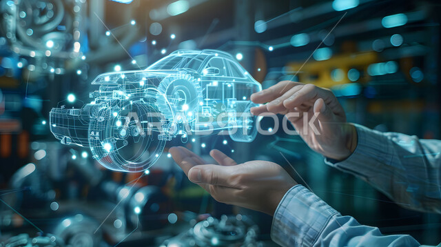 مفهوم صناعة السيارات، المخططات والتصاميم الهندسية لمشاريع المستقبل, التقدم والتطور التقني والتكنولوجي, صورة مقربة لأيدي رجل يتفاعل ويندمج مع رسوم بيانية هولوجرامية ثلاثية الابعاد للنموذج الأولي لهيكل السيارة, رؤية مستقبلية سعودية 2030