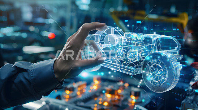 مفهوم صناعة السيارات، المخططات والتصاميم الهندسية لمشاريع المستقبل, التقدم والتطور التقني والتكنولوجي, صورة مقربة لأيدي رجل يتفاعل ويندمج مع رسوم بيانية هولوجرامية ثلاثية الابعاد للنموذج الأولي لهيكل السيارة, رؤية مستقبلية سعودية 2030