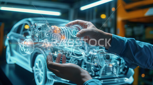 مفهوم صناعة السيارات، المخططات والتصاميم الهندسية لمشاريع المستقبل, التقدم والتطور التقني والتكنولوجي, صورة مقربة لأيدي رجل يتفاعل ويندمج مع رسوم بيانية هولوجرامية ثلاثية الابعاد للنموذج الأولي لهيكل السيارة, رؤية مستقبلية سعودية 2030