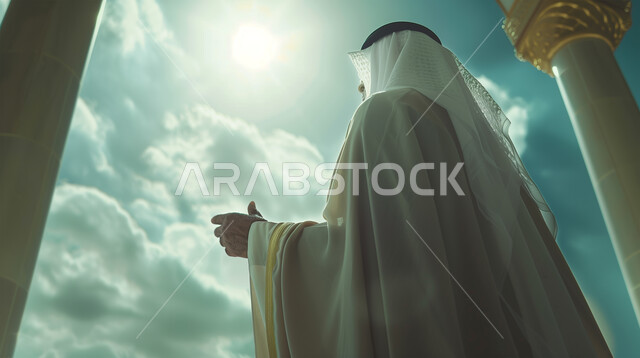 الإكثار من ذكر الله تعالى والإجتهاد في العباده، صورة من الأسفل لرجل عربي سعودي خليجي يرتدي الغترة والبشت التقليدي يرفع يديه للأعلى بإيماءات التمني والدعاء, طلب المغفرة وتحقيق الأمنيات