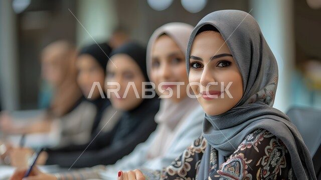 مهن ووظائف سعودية، الحوارات والنقاشات ضمن الفريق وإنجاز العمل، مفهوم الشراكة والتعاون، مجموعة من سيدات الأعمال العربيات الخليجيات السعوديات المحجبات يجلسون على طاولة الإجتماعات