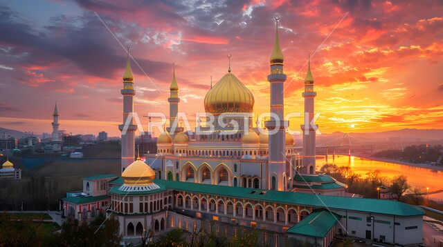 Islamic-style decorations and designs, a three-dimensional model of an ancient mosque in the middle of a lake, a sky full of clouds and white clouds, distinct domes and minarets, the concept of worship and getting closer to God, the architectural art of mosques