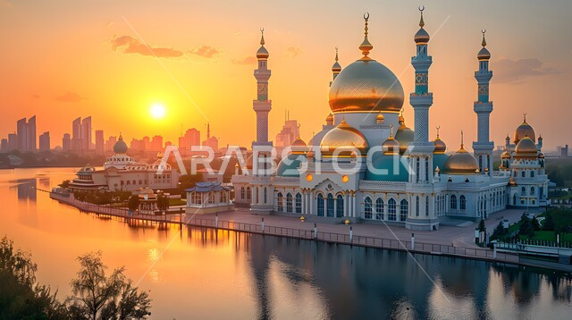 الفن الهندسي المعماري للمساجد، ديكورات وتصاميم على الطراز الاسلامي، مجسم ثلاثي الابعاد لمسجد عريق في وسط بحيرة، السماء المليئة بالسحب والغيوم البيضاء، القبب والمآذن المتميزة، مفهوم العبادة والتقرب إلى الله