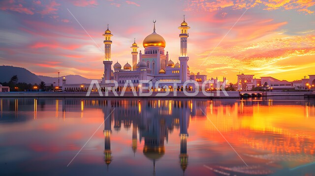 مفهوم العبادة والتقرب إلى الله، الفن الهندسي المعماري للمساجد، ديكورات وتصاميم على الطراز الاسلامي، مجسم ثلاثي الابعاد لمسجد عريق في وسط بحيرة، السماء المليئة بالسحب والغيوم البيضاء، القبب والمآذن المتميزة
