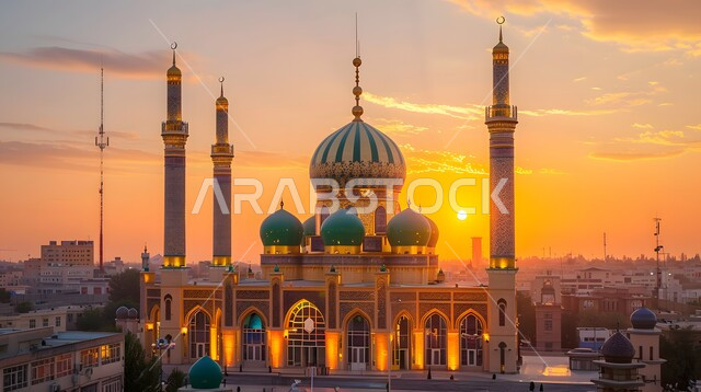 مجسمات ثلاثية الابعاد للقبب والمآذن المتميزة، مفهوم العبادة والتقرب إلى الله، تصاميم و ديكورات على الطراز الاسلامي، الفن الهندسي المعماري للمساجد، السماء المليئة بالسحب والغيوم البيضاء في وقت الغروب