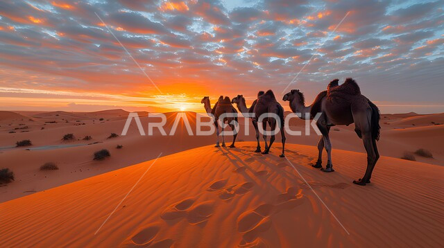 حيوان الإبل سفينة الصحراء يمشي على الرمال الذهبية الناعمة في وقت الغروب، تربية المواشي والحيوانات في المحميات الطبيعيه, مجموعة من الجمال تسير في المناطق الصحراوية في المملكة العربية السعودية