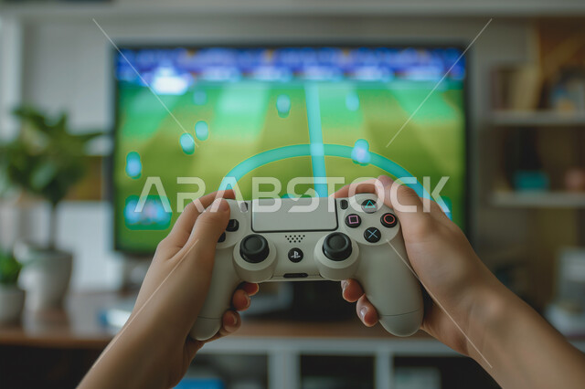 الشغف في الالعاب الرياضية ,استخدام الأجهزة التقنية الحديثة المتطورة ,صورة مقربة لأيدي رجل عربي خليجي سعودي يمسك بيده عصا التحكم يجلس في غرفة المعيشة، قضاء أوقات ممتعة في المنزل، الاستمتاع باللعب في ألعاب الفيديو