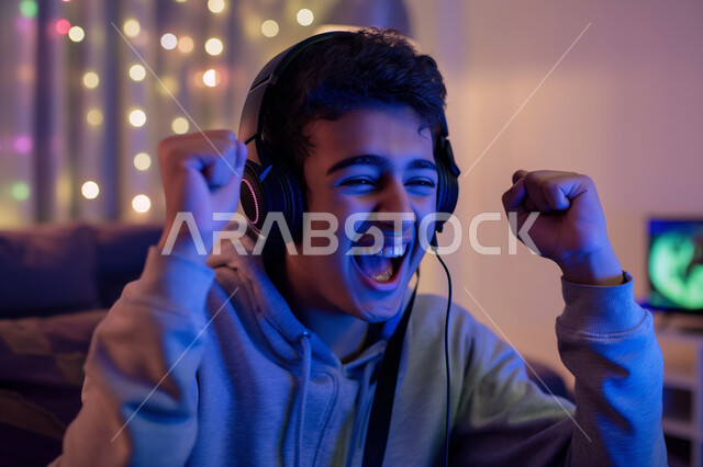 Expressions of pleasure and happiness, enjoying modern techniques and technology, the concept of fun and entertainment, spending an enjoyable time at home, a close-up picture of a Saudi Gulf Arab young man wearing a headset, raising his hands high with gestures of victory and gain.