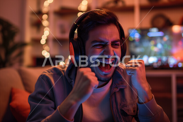 تعابير السرور و السعادة ,الاستمتاع بالتقنيات والتكنولوجيا الحديثة, مفهوم المتعة والتسلية، قضاء وقت ممتع في المنزل، صورة مقربة لشاب عربي خليجي سعودي يرتدي سماعة الرأس يرفع يديه عاليا بإيماءات الفوز و الكسب