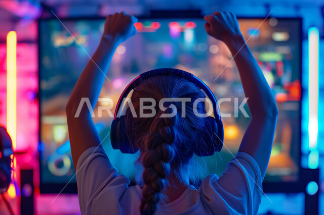 تعابير الفوز و الربح و الكسب, استخدام الأجهزة التقنية الحديثة، صورة مقربة من الخلف لإمرأة عربية خليجية سعودية ترتدي الهيدفون ترفع يديها عاليا بتعابير النجاح، الاستماع الى الأغاني والموسيقى عبر سماعة الرأس
