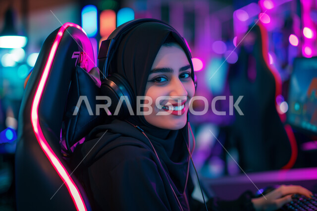 ايماءات السعادة والفرح، مفهوم المتعة والتسلية باللعب، الاستمتاع بالتقنيات والتكنولوجيا الحديثة، برامج الكمبيوتر الترفيهية، امرأة عربية سعودية خليجية محجبة مبتسمة ترتدي سماعة الرأس تقوم باللعب بألعاب الفيديو وتنظر الى الكاميرا بتعابير السرور