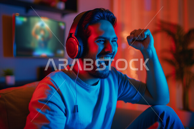 قضاء وقت ممتع في المنزل، الاستمتاع بالتقنيات والتكنولوجيا الحديثة, مفهوم المتعة والتسلية، صورة مقربة لشاب عربي خليجي سعودي يرتدي سماعة الرأس يرفع يديه عاليا بإيماءات الفوز و الكسب، تعابير السرور و السعادة