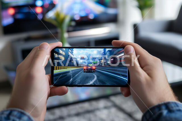 Entertainment mobile programs, the concept of fun and entertainment, spending an enjoyable time at home, a close-up photo of the hands of a Saudi Gulf Arab young man playing racing games on the mobile phone, enjoying modern techniques and technology.