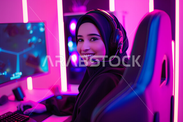 مفهوم المتعة والتسلية باللعب، الاستمتاع بالتقنيات والتكنولوجيا الحديثة، برامج الكمبيوتر الترفيهية، ايماءات السعادة والفرح، امرأة عربية سعودية خليجية محجبة مبتسمة ترتدي سماعة الرأس تقوم باللعب بألعاب الفيديو وتنظر الى الكاميرا بتعابير السرور