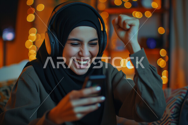 تعابير الفوز و الربح و الكسب, ايماءات السرور والسعادة، استخدام الأجهزة التقنية الحديثة، صورة مقربة لإمرأة عربية خليجية سعودية مبتسمة ترتدي الحجاب و الهيدفون تحمل في يدها الهاتف المحمول، الاستماع الى الأغاني والموسيقى عبر سماعة الرأس
