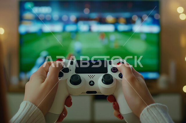 استخدام الأجهزة التقنية الحديثة المتطورة ,صورة مقربة لأيدي امرأة عربية خليجية سعودية تمسك بيدها عصا التحكم تجلس في غرفة المعيشة، قضاء أوقات ممتعة في المنزل، الاستمتاع باللعب في ألعاب الفيديو