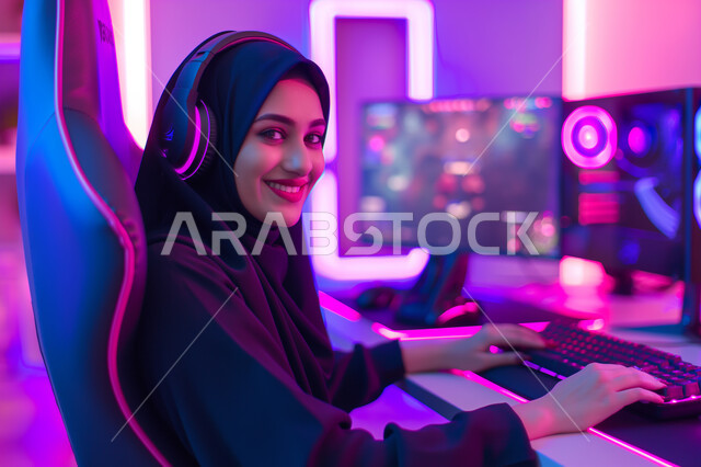 الاستمتاع بالتقنيات والتكنولوجيا الحديثة، برامج الكمبيوتر الترفيهية، ايماءات السعادة والفرح، مفهوم المتعة والتسلية باللعب، امرأة عربية سعودية خليجية محجبة مبتسمة ترتدي سماعة الرأس تقوم باللعب بألعاب الفيديو وتنظر الى الكاميرا بتعابير السرور