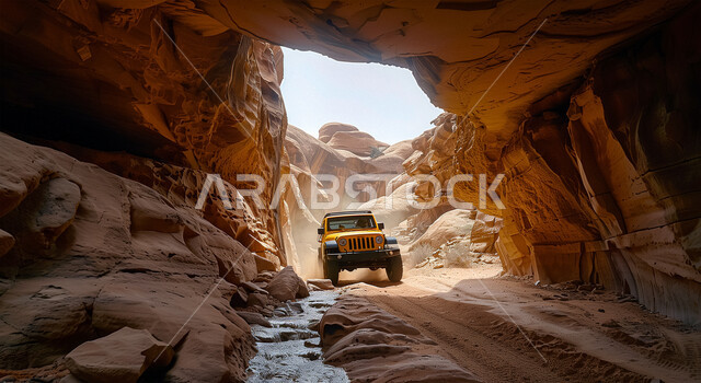 التشكيلات والتكوينات الصخرية، الطبيعة الجبلية في المملكة العربية السعودية، معالم وأماكن سياحية، مغامرات ورحلات السفاري في جبل شدا في الصحاري وقت الغروب، سيارات الدفع الرباعي وسط الصحراء، الكثبان والتلال الرملية في المناطق الصحراوية