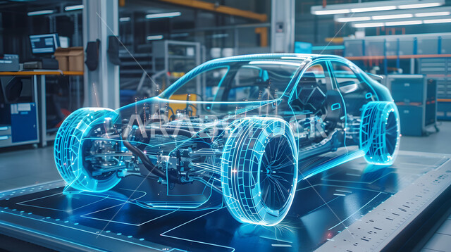 استخدام علوم وتكنولوجيا الذكاء الاصطناعي في الهندسة، التصاميم الهندسية والمخططات لمشاريع المستقبل, التطور و التقدم التقني والتكنولوجي, رؤية مستقبلية سعودية 2030, رسوم بيانية هولوجرامية ثلاثية الابعاد للنموذج الأولي لهيكل السيارة, مفهوم صناعة السيارات