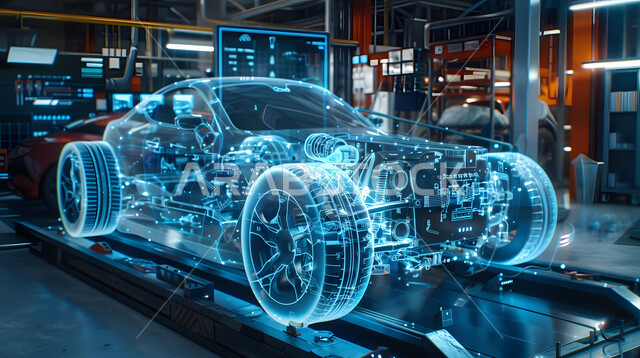 التطور والتقدم التقني في علوم وتكنولوجيا الذكاء الاصطناعي في الهندسة، التصاميم الهندسية والمخططات لمشاريع المستقبل, رؤية مستقبلية سعودية 2030, رسوم بيانية هولوجرامية ثلاثية الابعاد للنموذج الأولي لهيكل السيارة, مفهوم صناعة السيارات