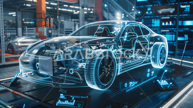 Technical progress in the science and technology of artificial intelligence in engineering, engineering designs and blueprints for future projects, Saudi future vision 2030, 3D holographic diagrams of the prototype of the car body, concept of the automobile industry
