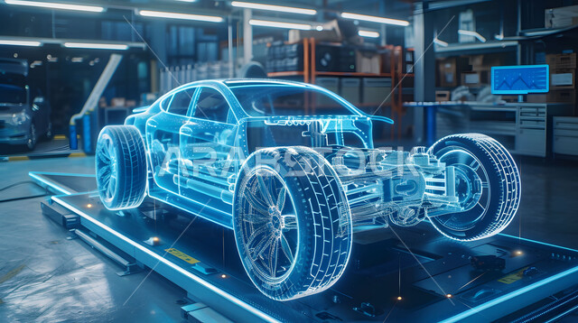 مفهوم صناعة السيارات، التقدم التقني في علوم وتكنولوجيا الذكاء الاصطناعي في الهندسة، التصاميم الهندسية والمخططات لمشاريع المستقبل, رؤية مستقبلية سعودية 2030, رسوم بيانية هولوجرامية ثلاثية الابعاد للنموذج الأولي لهيكل السيارة