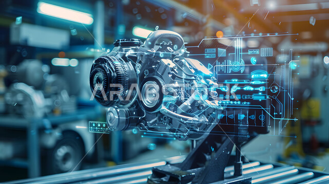 استعمال التقنيات الحديثة لمتابعة المشاريع والمخططات الهندسية المتطورة، مفهوم صناعة السيارات، رسوم بيانية هولوجرامية ثلاثية الابعاد للنموذج الأولي لهيكل ومحرك السيارة, رؤية مستقبلية سعودية 2030