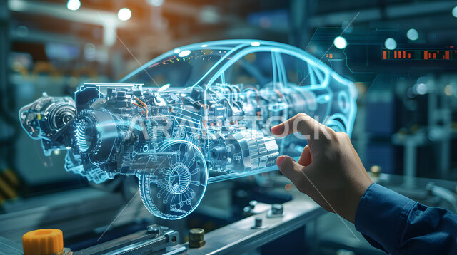 رؤية مستقبلية سعودية 2030، التطور والتقدم التقني والتكنولوجي, مفهوم صناعة السيارات، المخططات والتصاميم الهندسية لمشاريع المستقبل, صورة مقربة لأيدي رجل يتفاعل ويندمج مع رسوم بيانية هولوجرامية ثلاثية الابعاد للنموذج الأولي لهيكل ومحرك السيارة