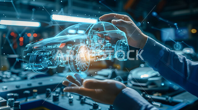 الشركات الهندسية العربية السعودية، رؤية مستقبلية 2030، التطور والتقدم التقني والتكنولوجي, مفهوم صناعة السيارات، المخططات والتصاميم لمشاريع المستقبل, صورة مقربة لأيدي رجل يتفاعل ويندمج مع رسوم بيانية هولوجرامية ثلاثية الابعاد للنموذج الأولي لهيكل ومحرك السيارة