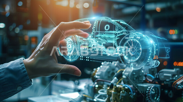 النموذج الأولي لهيكل ومحرك السيارة، الشركات الهندسية العربية السعودية، رؤية مستقبلية 2030، التطور والتقدم التقني والتكنولوجي, مفهوم صناعة السيارات، المخططات والتصاميم لمشاريع المستقبل, صورة مقربة لأيدي رجل يتفاعل ويندمج مع رسوم بيانية هولوجرامية ثلاثية الابعاد