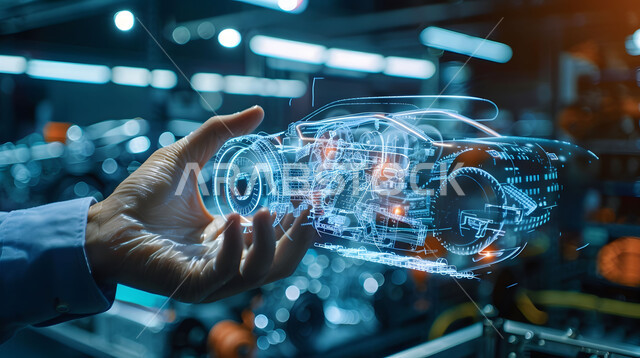 مفهوم صناعة السيارات، المخططات والتصاميم لمشاريع المستقبل, النموذج الأولي لهيكل ومحرك السيارة، الشركات الهندسية العربية السعودية، رؤية مستقبلية 2030، التطور والتقدم التقني والتكنولوجي, صورة مقربة لأيدي رجل يتفاعل ويندمج مع رسوم بيانية هولوجرامية ثلاثية الابعاد