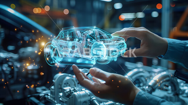 الشركات الهندسية العربية السعودية، مفهوم صناعة السيارات، المخططات والتصاميم لمشاريع المستقبل, النموذج الأولي لهيكل ومحرك السيارة، رؤية مستقبلية 2030، التطور والتقدم التقني والتكنولوجي, صورة مقربة لأيدي رجل يتفاعل ويندمج مع رسوم بيانية هولوجرامية ثلاثية الابعاد