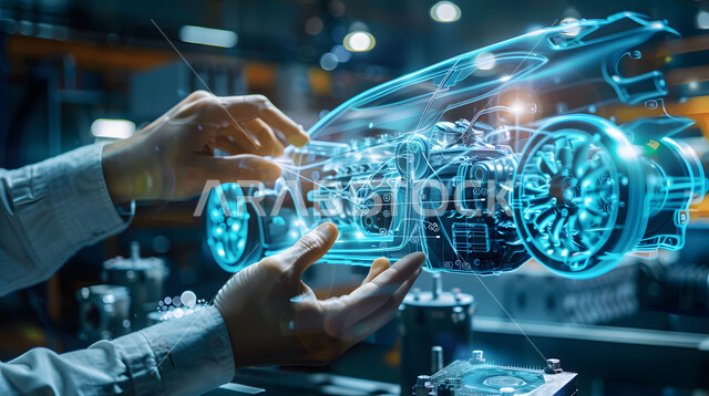 المخططات والتصاميم الهندسية لمشاريع المستقبل, التقدم والتطور التقني والتكنولوجي, رؤية مستقبلية سعودية 2030, صورة مقربة لأيدي رجل يندمج مع رسوم بيانية هولوجرامية ثلاثية الابعاد للنموذج الأولي لهيكل السيارة, مفهوم صناعة السيارات