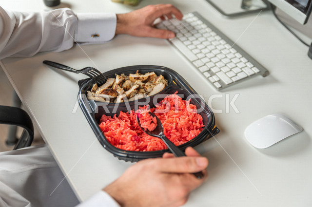 A healthy meal consisting of grilled chicken and a little boiled rice for a healthy and beneficial meal, hot dishes, healthy meals for a slim body, ideal weight.