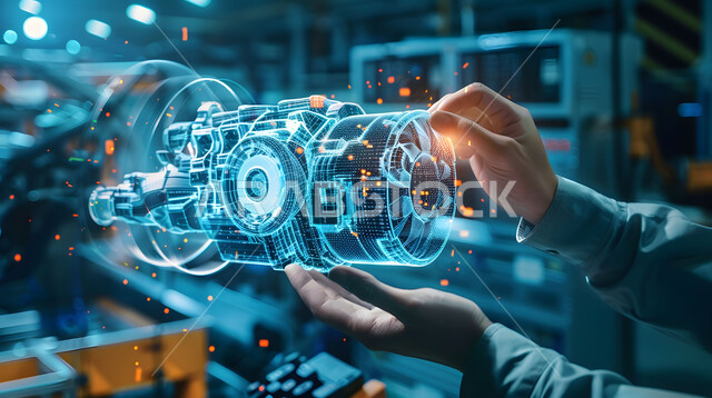 التصاميم والمخططات الهندسية لمشاريع المستقبل, التقدم والتطور التقني والتكنولوجي, رؤية مستقبلية سعودية 2030, صورة مقربة لأيدي رجل يندمج مع رسوم بيانية هولوجرامية ثلاثية الابعاد للنموذج الأولي لمحرك السيارة, مفهوم صناعة السيارات