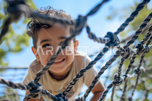 ممارسة الأنشطة الترفيهية المسلية في أيام العطلة، صورة مقربة لطفل عربي خليجي سعودي يقوم بتسلق الحبال في الحديقة، الاستمتاع بقضاء إجازة صيفية ممتعة، المناطق الطبيعية والحدائق العائلية في المملكة العربية السعودية