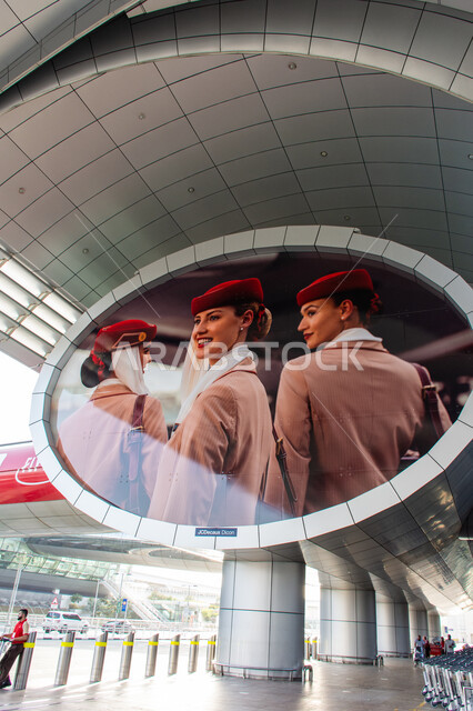 Modern architectural art, a huge billboard for the United Arab Emirates Airlines crew at the entrance to Dubai International Airport, a leading airline, Emirates Airlines, famous tourist places and landmarks, tourism and travel concept
